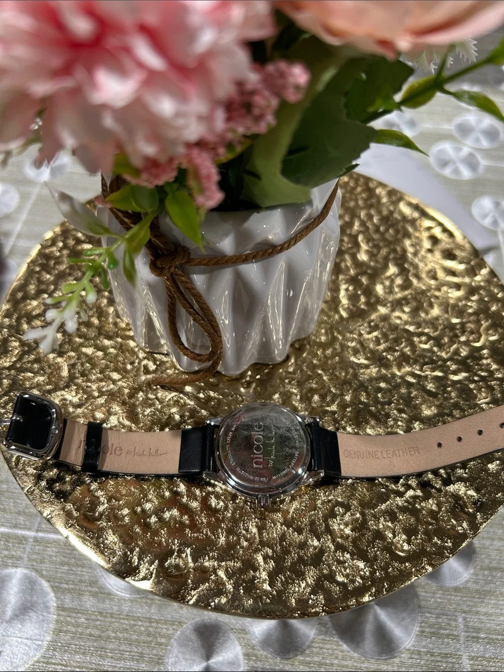 633. NWOT Nicole Miller Black & Crystal Watch‎ with genuine black leather band.
